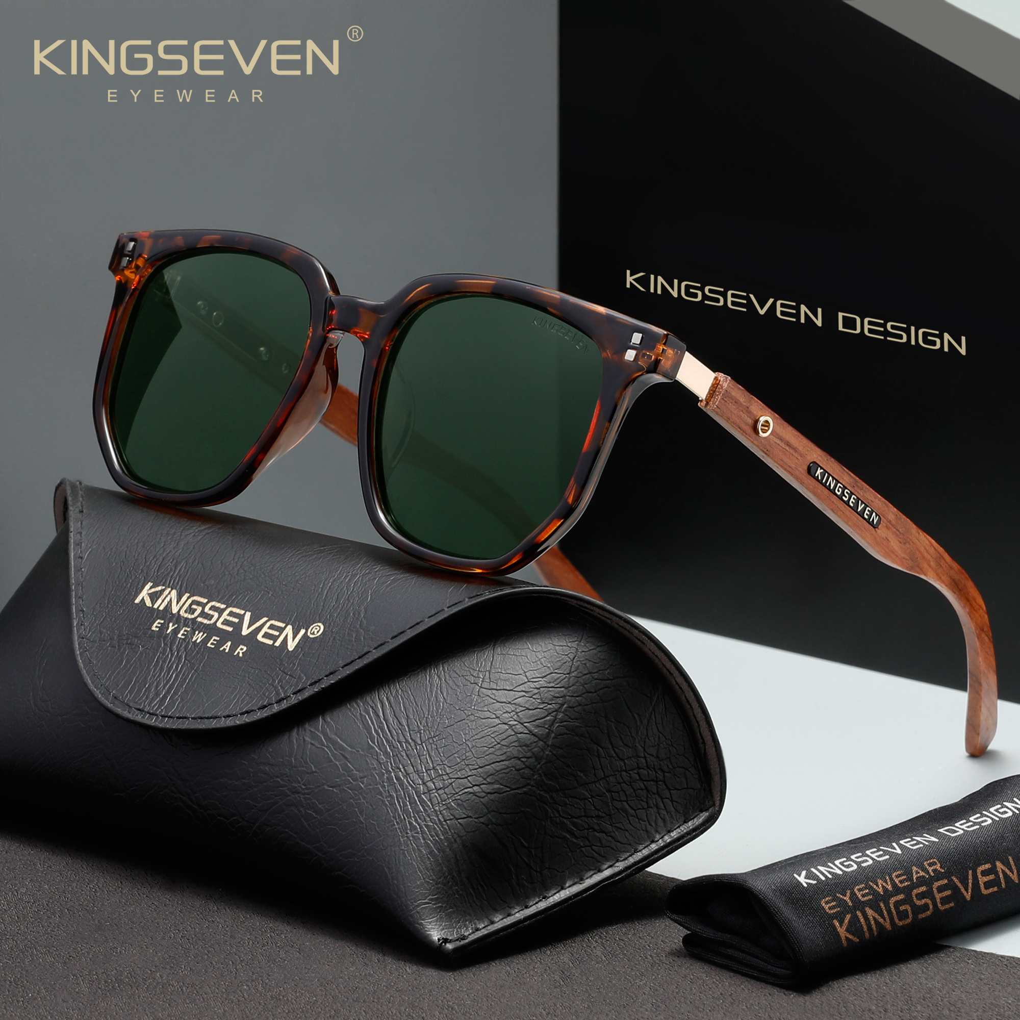 KINGSEVEN Lunettes de soleil en bois pour hommes et femmes, monture carrée, lunettes de mode polarisées UV400, lunettes de conduite en plein air