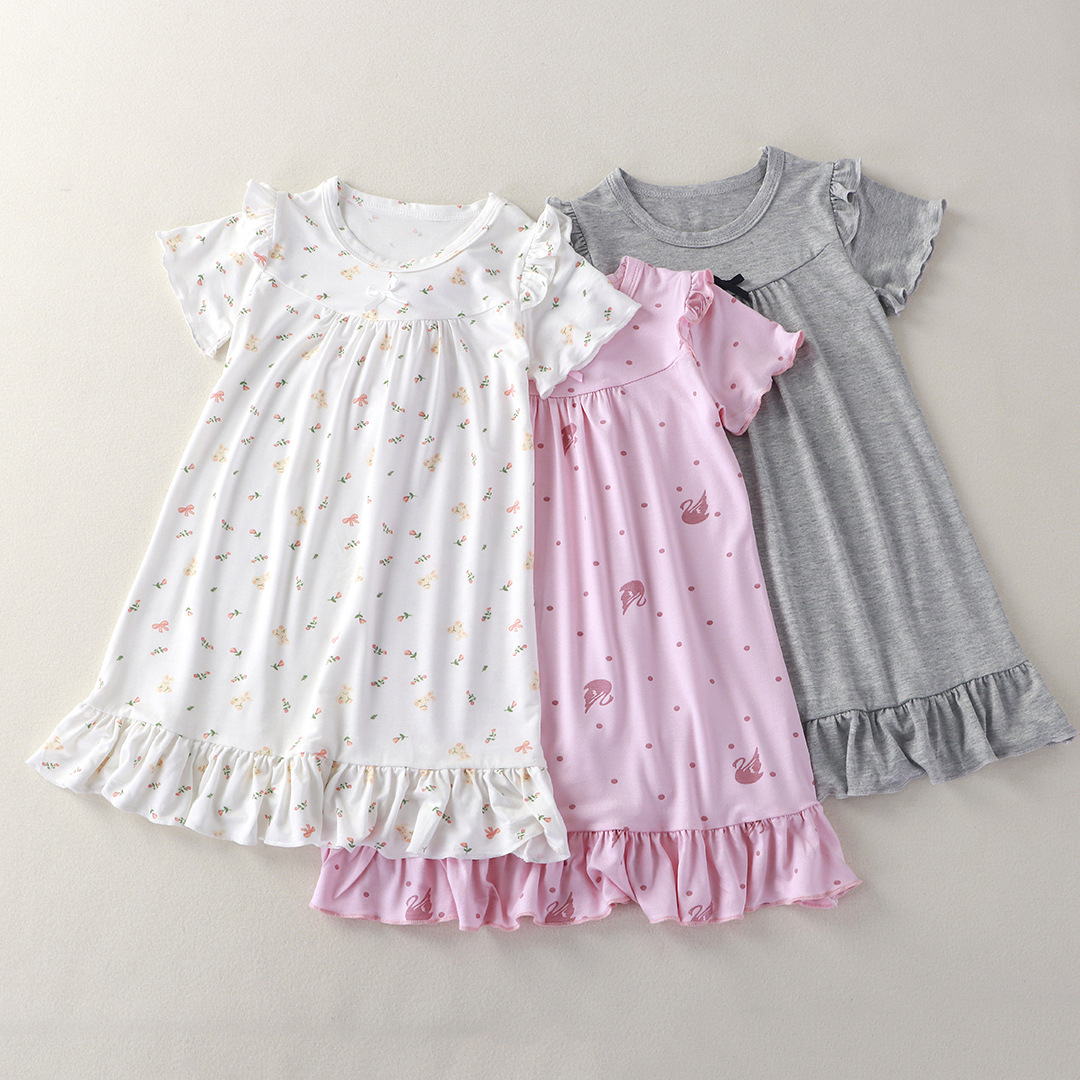 Camisola infantil modal de verão, camisola respirável para meninas, vestido de moda coreana com babados, vestido de princesa para dormir de 1 a 10 anos
