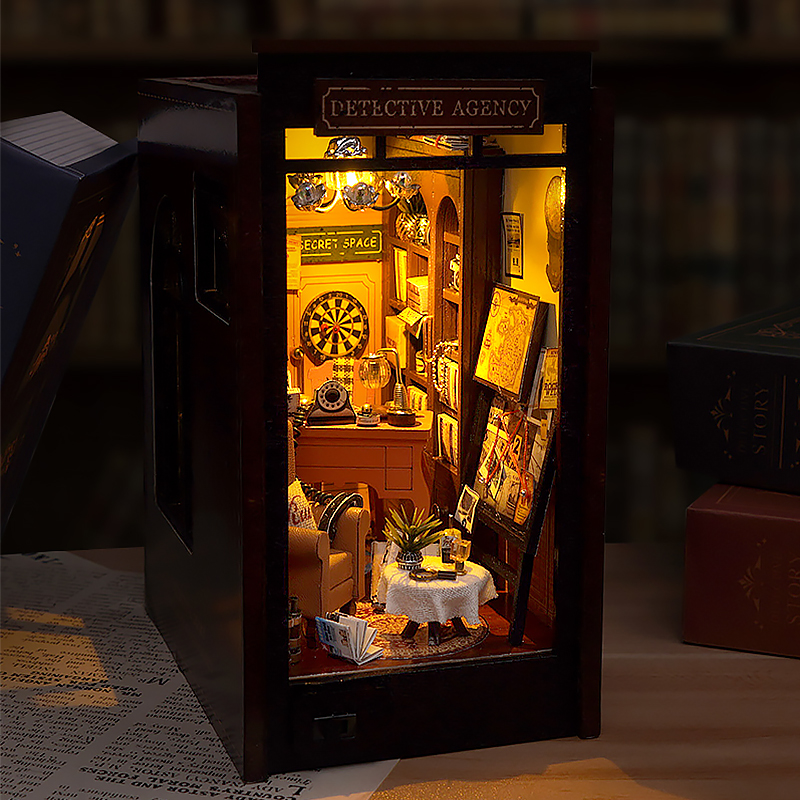Diy livro nook kit casa de boneca de madeira 3d puzzle montagem modelo construção estante brinquedo casa estante inserção decoração com luzes led