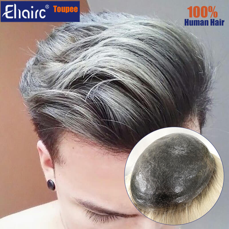 Prótesis de micropiel ombré para hombre, cabello 0,08 humano, 100% MM, doble anudado, prótesis capilar, tupé