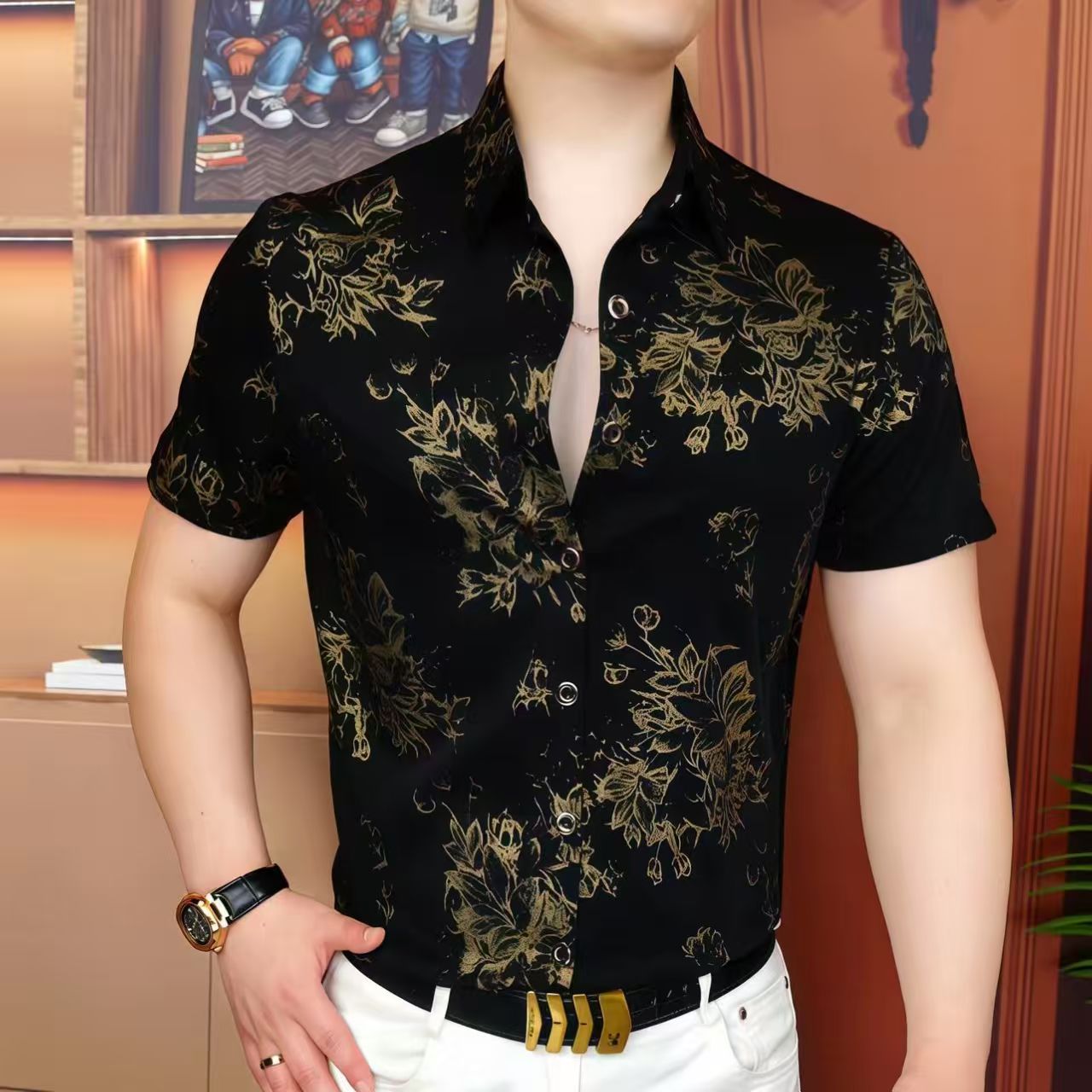 Camisa de manga curta impressa de veludo de luxo para homens retro social casual camisa na moda e versátil street wear roupas masculinas 2025