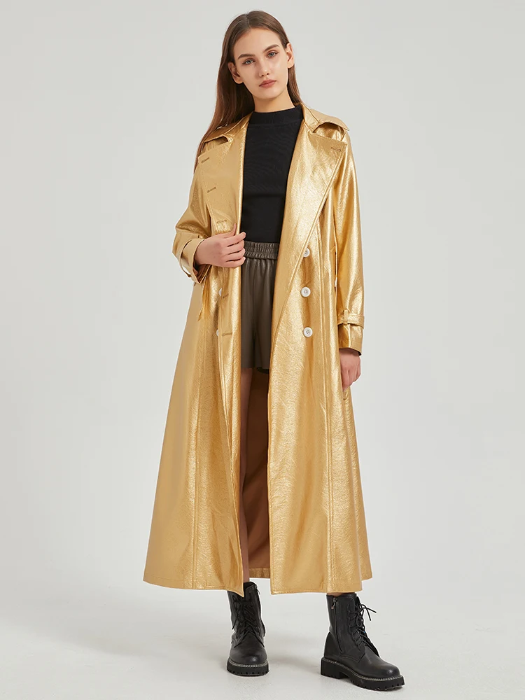 Lautaro-gabardina extralarga de cuero Pu para mujer, abrigo dorado brillante con fajas, doble botonadura, moda europea de lujo, primavera y otoño, 2024