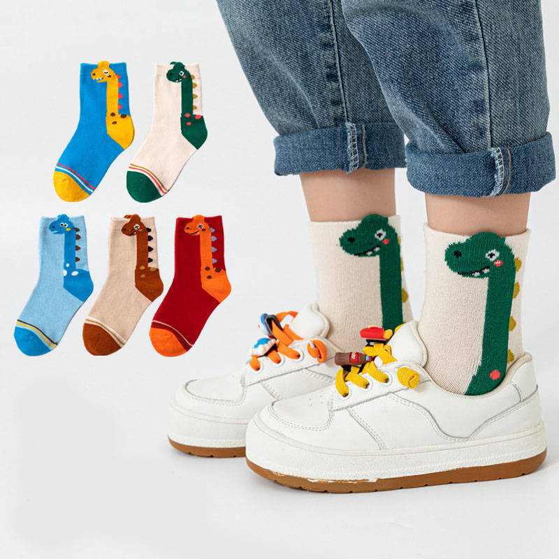 5 pares de calcetines para niños con patrón de dinosaurio de dibujos animados, calcetines cómodos para niños y niñas