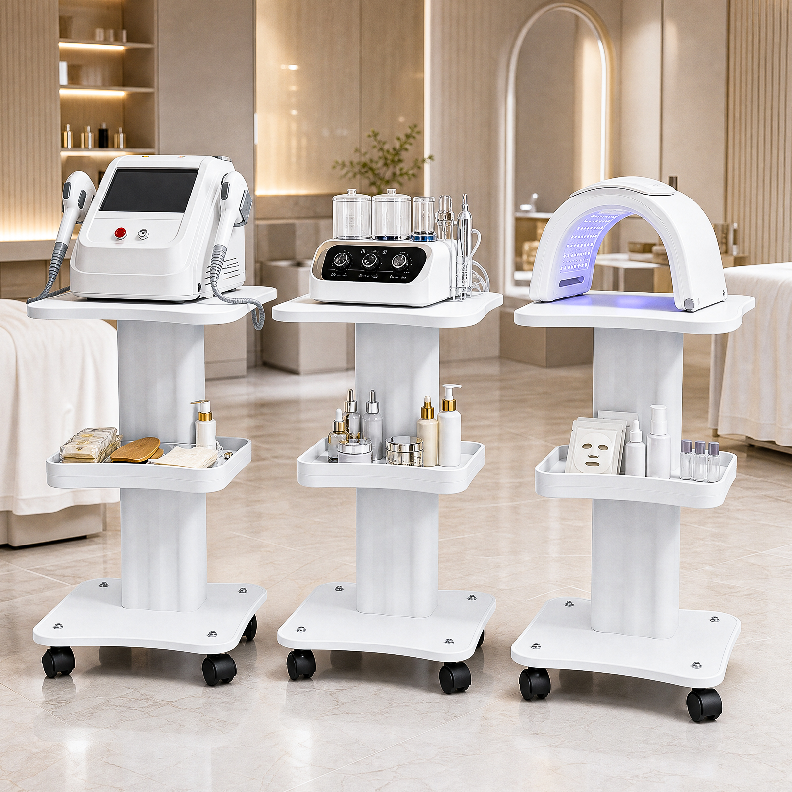 Schönheitssalon-Trolley mit 3 Ebenen, Weißer Kosmetikgeräte-Ständer, 360° Drehbar °   Geräuschlose Räder für Einfaches Bewegen im Kosmetikstudio, Arbeitswagen für Kosmetikerinnen