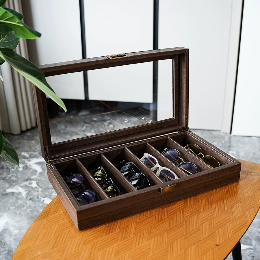 Scatola Portaocchiali, Espositore per Collezione di Occhiali da Sole in Pelle PU Effetto Legno con 6-5 Scomparti, Scatola Antipolvere Vintage