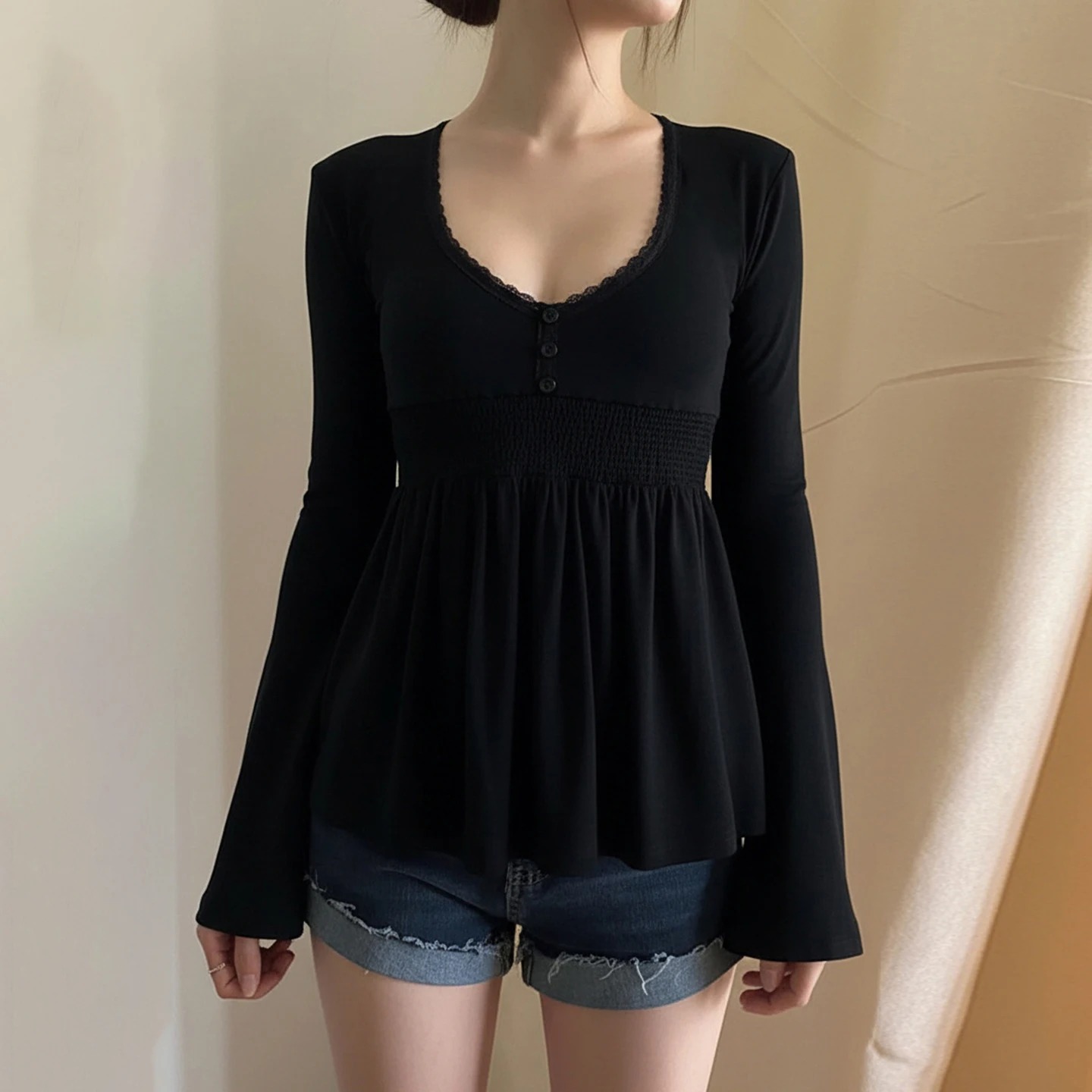 Camicia da donna con bordi in pizzo, patchwork, bottoni e maniche svasate, top in maglia casual con scollo a V, abbigliamento autunnale estetico Y2K, Fairycore