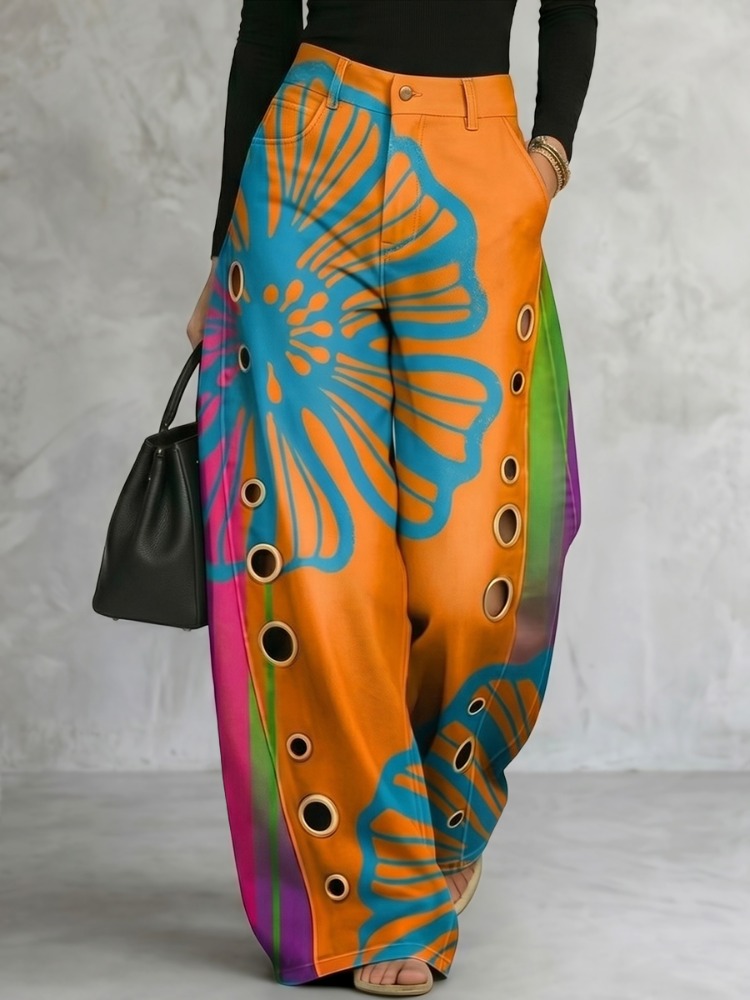 UOOZEE Elegante damesbroek met bloemenprint, hoge taille, wijde pijpen, mode, metalen oogje, uitgeholde zak, casual feestbroek