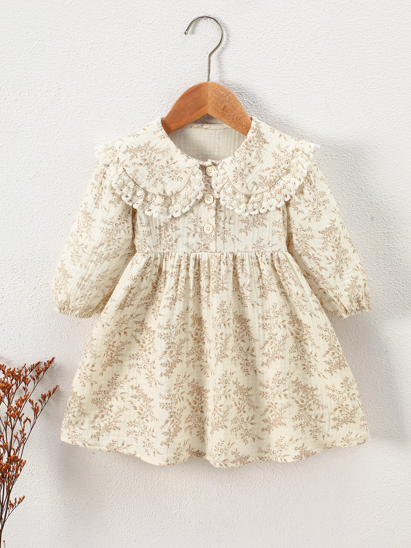 1-delige lente- en herfstjurk voor meisjes, dubbelzijdig gekreukeld, licht koffiekleurig, met print, schattige katoenen prinsessenjurk in landelijke stijl met poppenkraag, kanten kraag met pluche bies, comfortabele jurk voor babymeisjes, zacht en ademend 