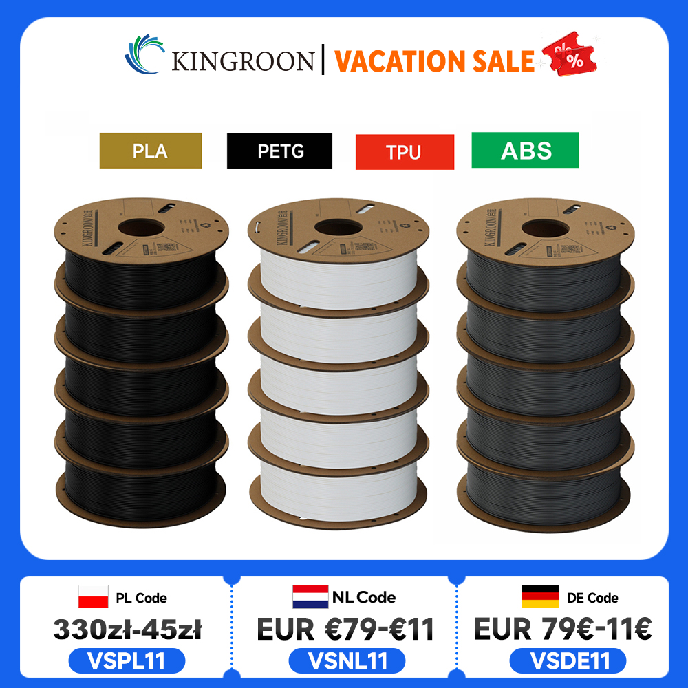 KINGROON Filament do drukarek 3D PLA PETG TPU ABS 5KG Pakiet Czarny Biały Szary 1,75 mm Bez bąbelków Plastik 5 rolek 1 kg, Losowa szpula