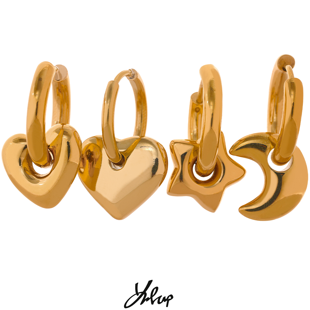 Yhpup Star Moon จี้หัวใจ Drop Hoop ต่างหู Huggie 18k Gold Plated อินเทรนด์กันน้ําสแตนเลสแฟชั่น Charm เครื่องประดับ