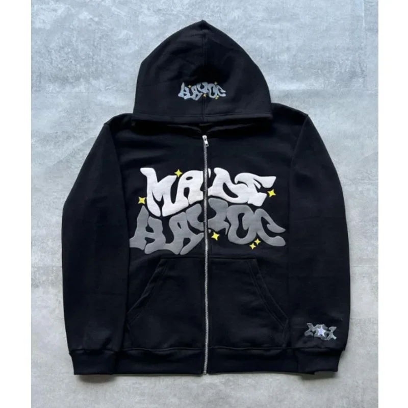 Hoodie met capuchon en ritssluiting, met retro letters in Amerikaanse stijl, unisex, geschikt om te combineren met een jas in millennial-stijl