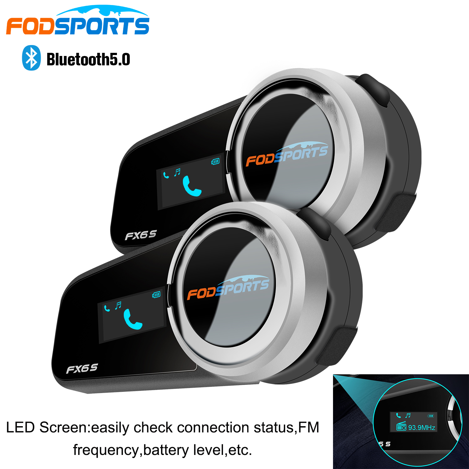 Fodsports-oreillette Bluetooth FX6S pour Moto, appareil de communication pour casque, avec écran LED, Intercom pour 6 motocyclistes, Radio FM, BT5.0