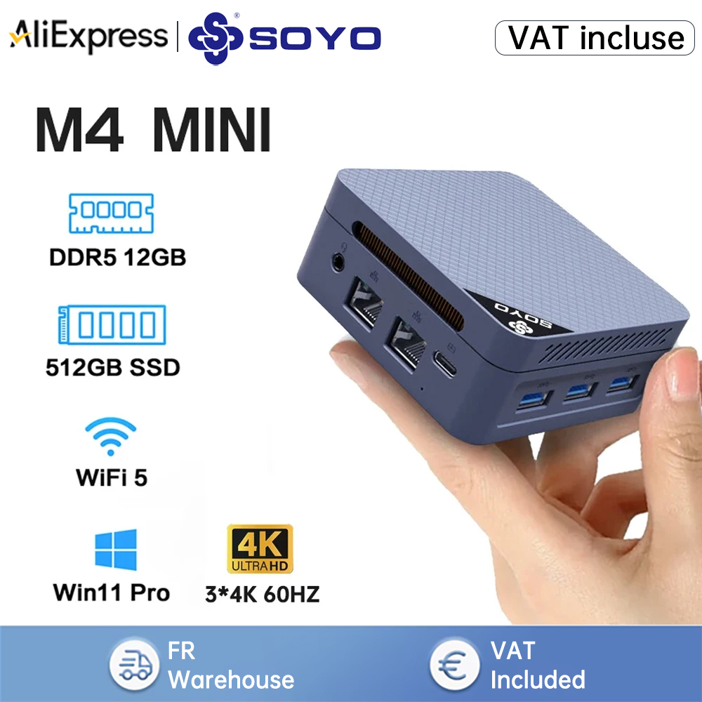 Mini PC SOYO M4 MINI con Procesador Intel Twin Lake N150, 12GB de RAM LPDDR5, 512GB de ROM, Windows 11 Pro, WiFi 5, BT5.2, Computadora de Escritorio