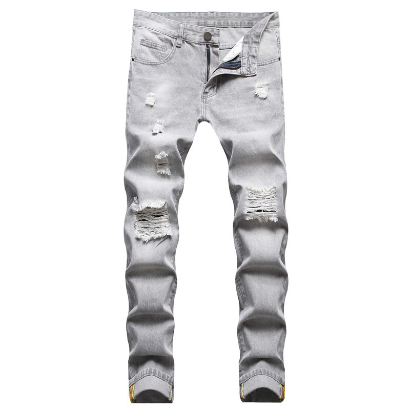 Pantalones vaqueros para hombre de talla grande, rectos, color gris claro, pantalones vaqueros rasgados de longitud completa para primavera y otoño