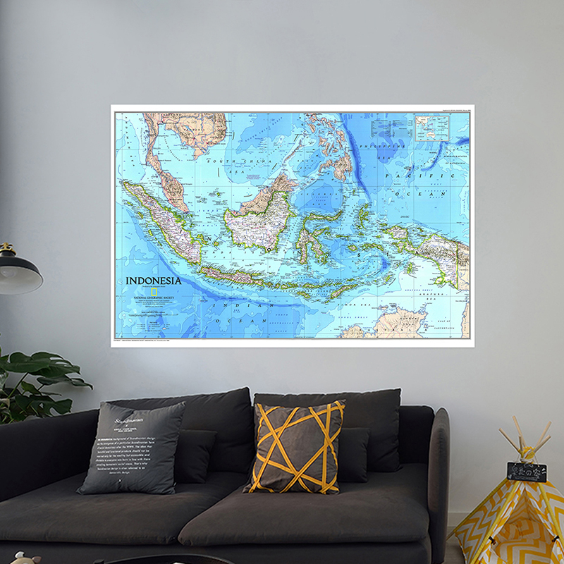 Geography Education Tools English Map Series Background Cloth-Indonesia Map-Topographic Map 1996 Wall Art Poster Frameless