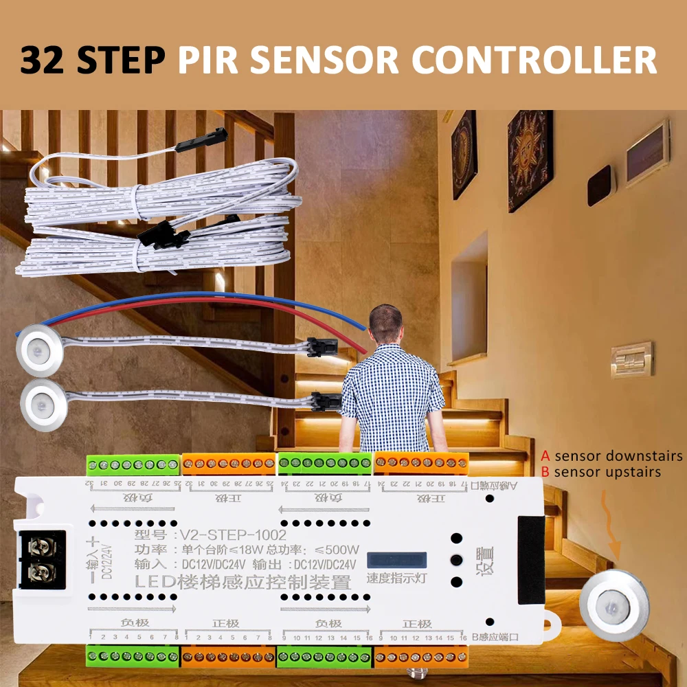 Treppenbeleuchtung, LED-Bewegungssensor, automatisches Treppenlicht-Controller-Set, DC 12 V, 24 V, 32 Kanäle, für Treppen, flexibler Streifen