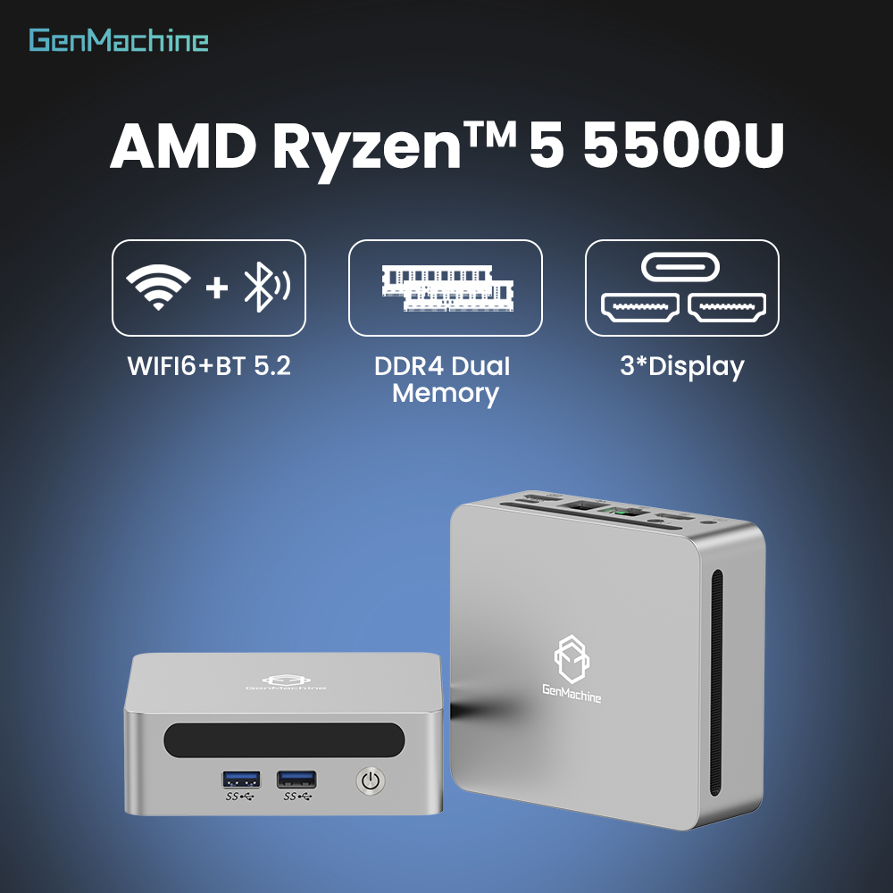 Genmachine AMD Ryzen 5 5500U Mini-PC – 6C/12T effiziente Leistung, 15 W TDP, Radeon-Grafik, 4K WiFi6, DIY-Gaming-Computer