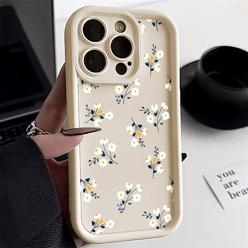 Vloeibare siliconen hoesjes voor iPhone 16 Pro, iPhone 16e, 15, 13, 11, 12, 13 Pro Max, 14 Plus, XR, 17 Air, witte bloemen, schokbestendige hoes
