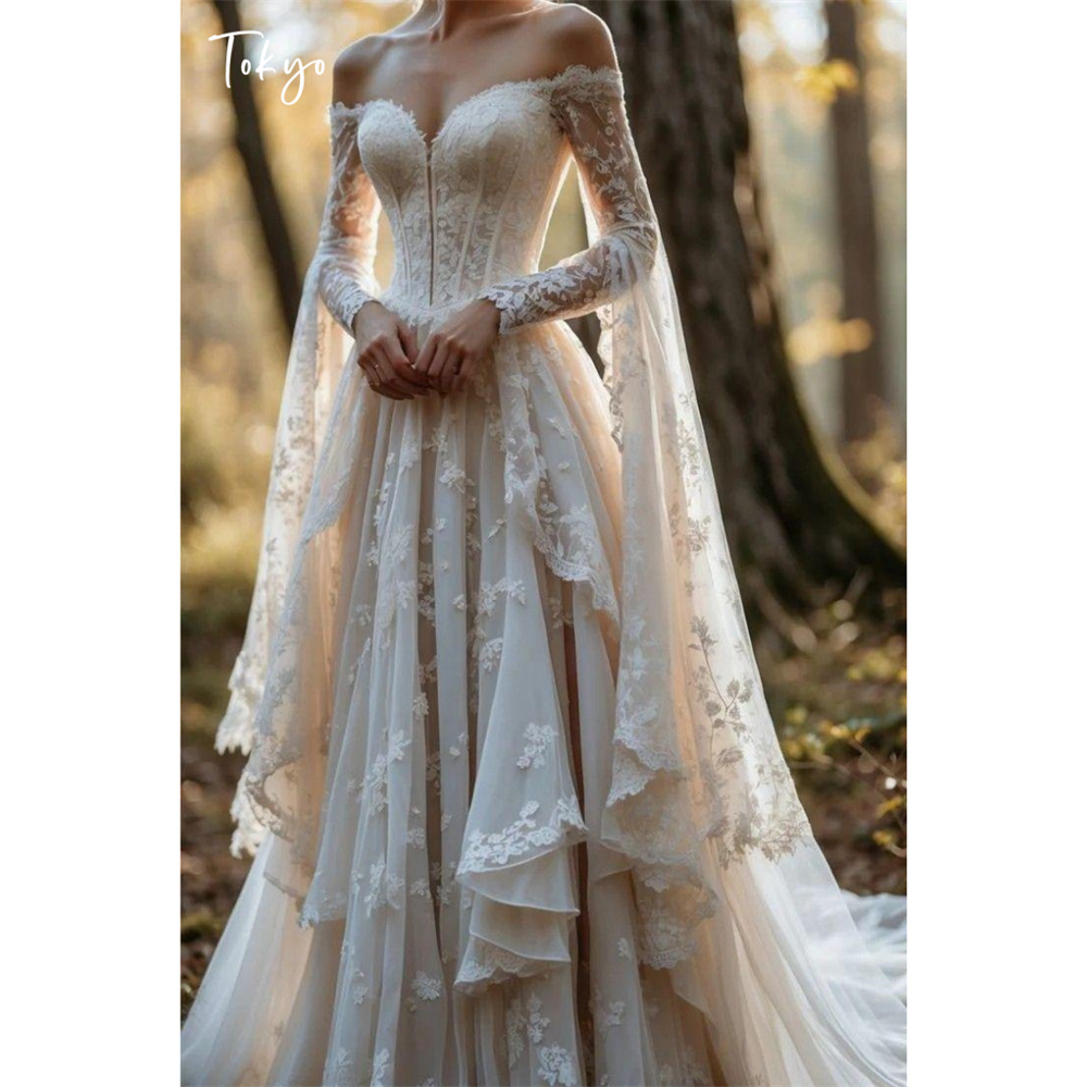 Vestido de Novia de Manga Larga con Hombros Descubiertos Estilo Tokio, Corsé de Encaje, Corte A, Vestido de Novia Estilo Hada del Bosque, Vestido de Fiesta Vintage 2026
