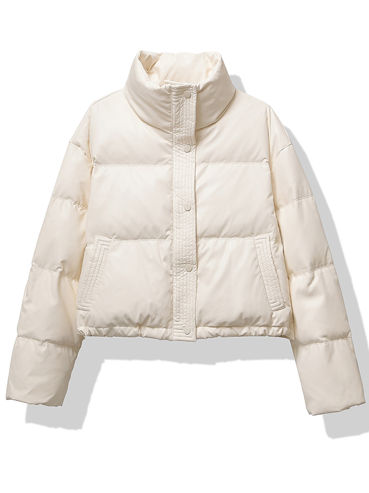 HELIAR 女性肥厚モックネック綿入りジャケットシングルブレストポケットカジュアルダウンコート冬暖かいルーズショートコート秋