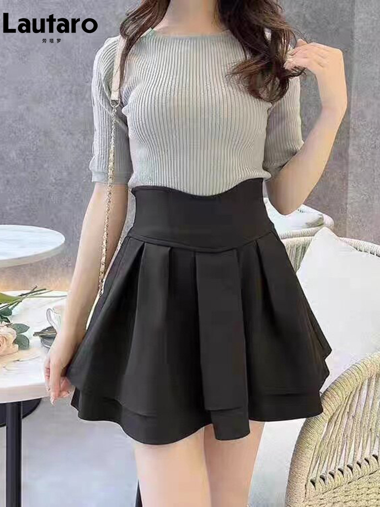 Saia Mini Preta em Camadas Lautaro Primavera Verão, Estilo Japonês, Cintura Alta, Moda Cutecore para Mulheres