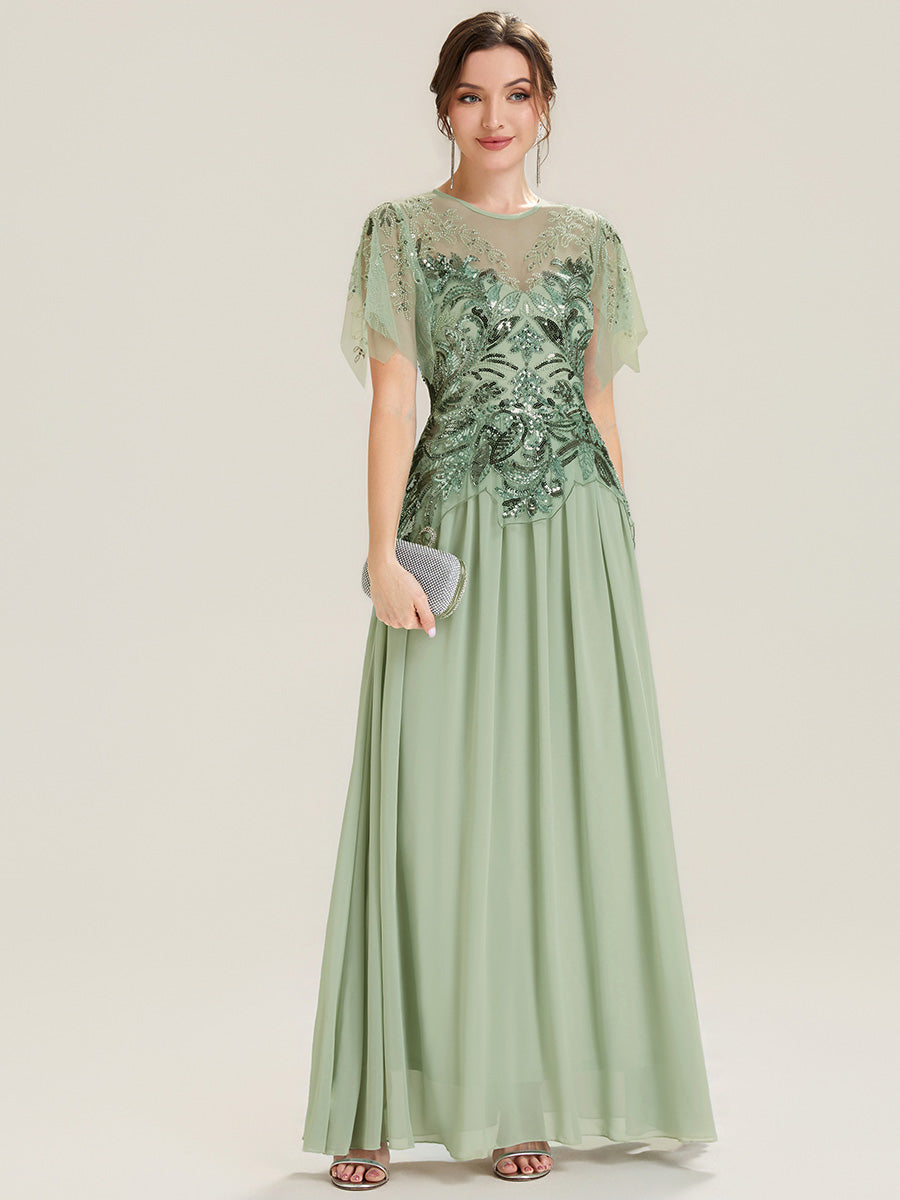 BAZIIINGAAA Party Dress A Short Sleeve Ruffle Sequin Round Neck A-Line Floor Length Evening Dresses