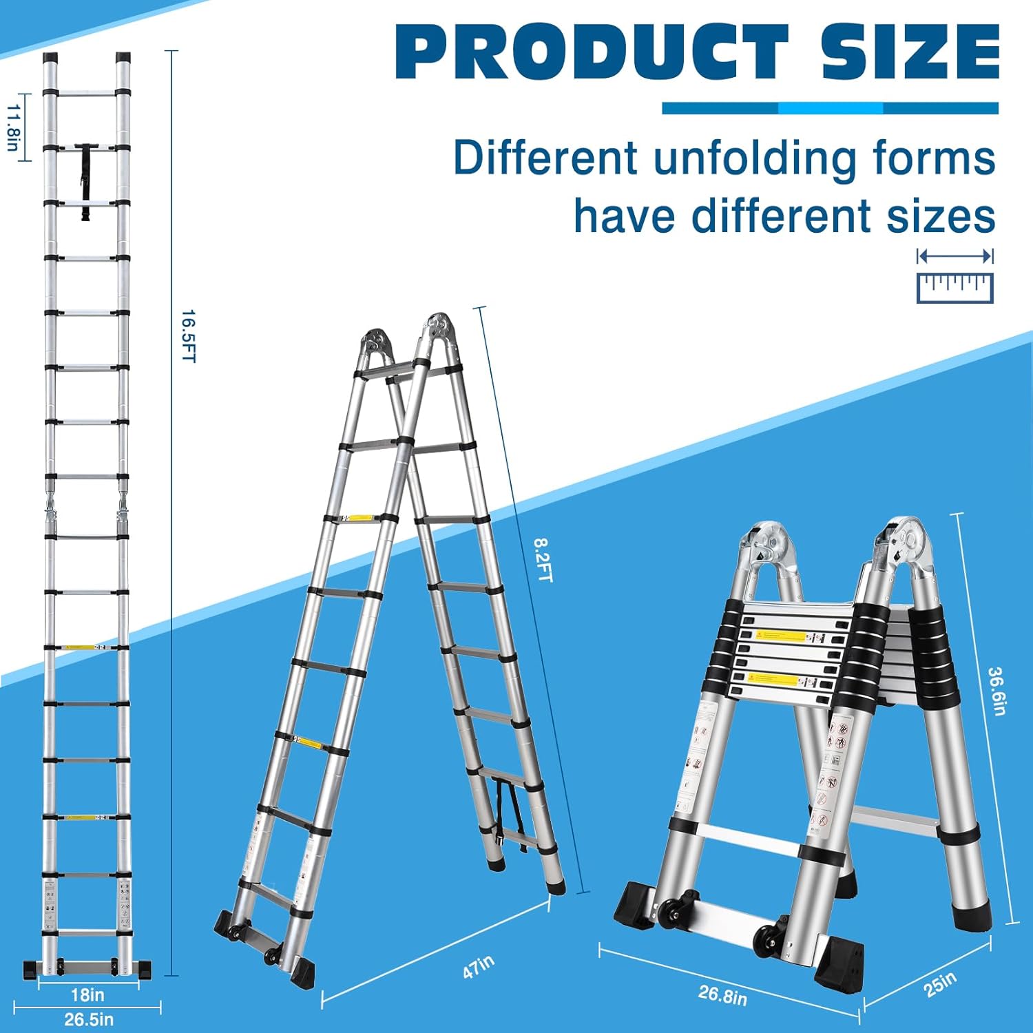 Escalera Telescópica en A de 16.5 Pies, Extensible, Plegable y Multiusos con Barra de Equilibrio y Ruedas, Resistente, 330 lbs