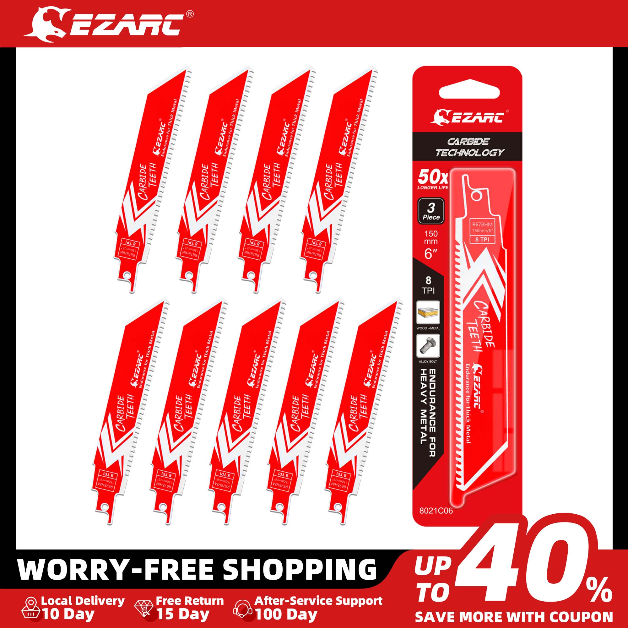 EZARC 3/6/9 szt. 150 mm (6 cali) brzeszczot do piły szablastej z węglików spiekanych R678HM wytrzymałość na gruby metal, żeliwo, stal stopowa, 8TPI