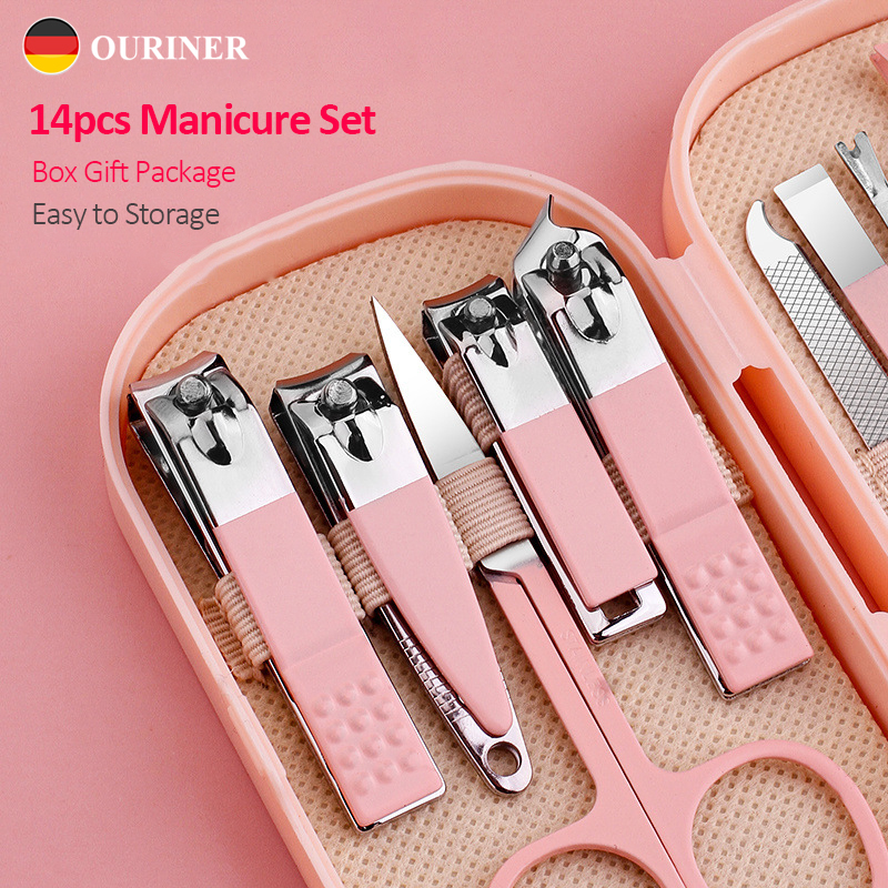 Set manikur & pedikur mewah, gunting kuku Stainless Steel merah muda dan biru, gunting, sendok penggali telinga untuk Pria & Wanita 14 buah