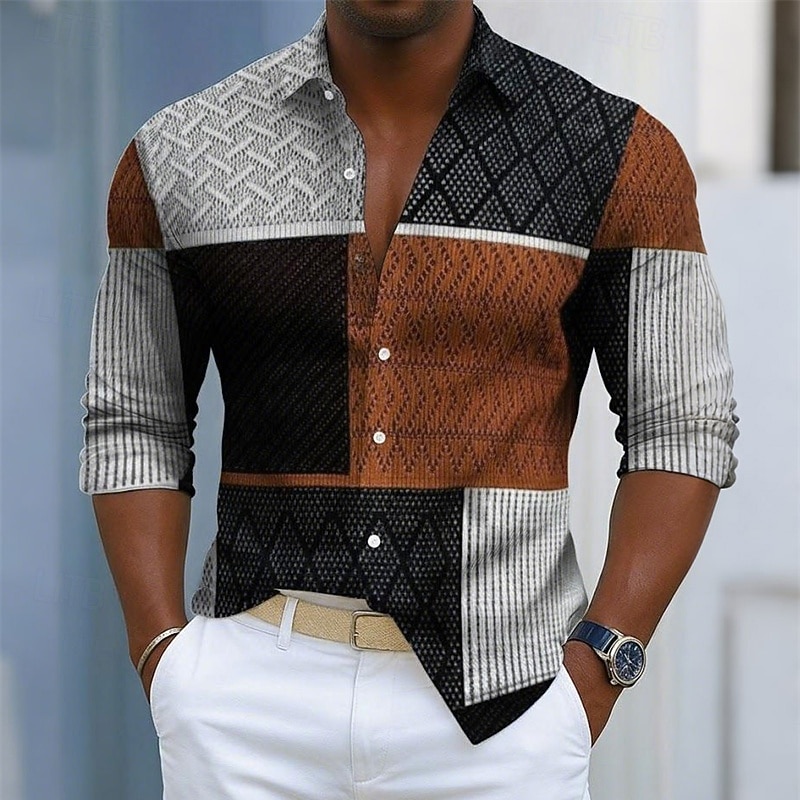 Camicia da uomo a maniche lunghe con stampa scozzese retrò, davanti abbottonato per l'uso quotidiano, vestibilità rilassata, top business casual.