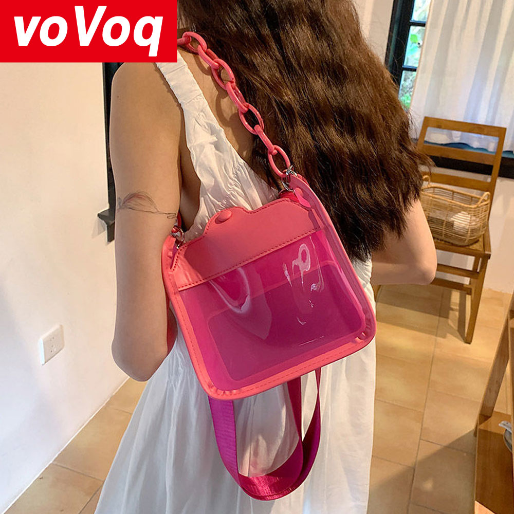 ใหม่ฤดูใบไม้ร่วงเรืองแสงสีเขียว PVC Jelly CHAIN หนึ่งไหล่กระเป๋าแฟชั่นกันน้ําหญิง Crossbody กระเป๋ามินิ