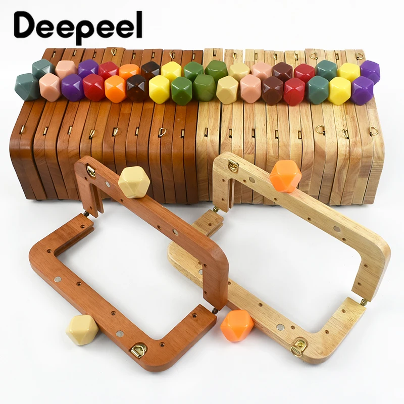 Deepeel 20cm Solid Wood Square Bag Handles Wooden Beads Kiss Clasp Locks Handbag Purse Frames Handle DIY Crafts Accessories