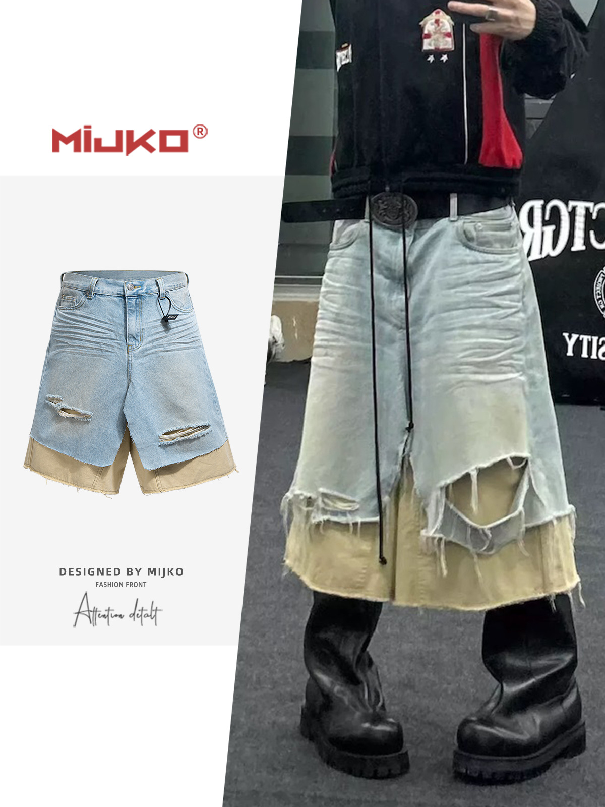MIJKO Men's and Women's Oversized Fake Two Piece Denim Seven-Inch Shorts with Ripped Holes Cat Whiskers Unisex ZJ134