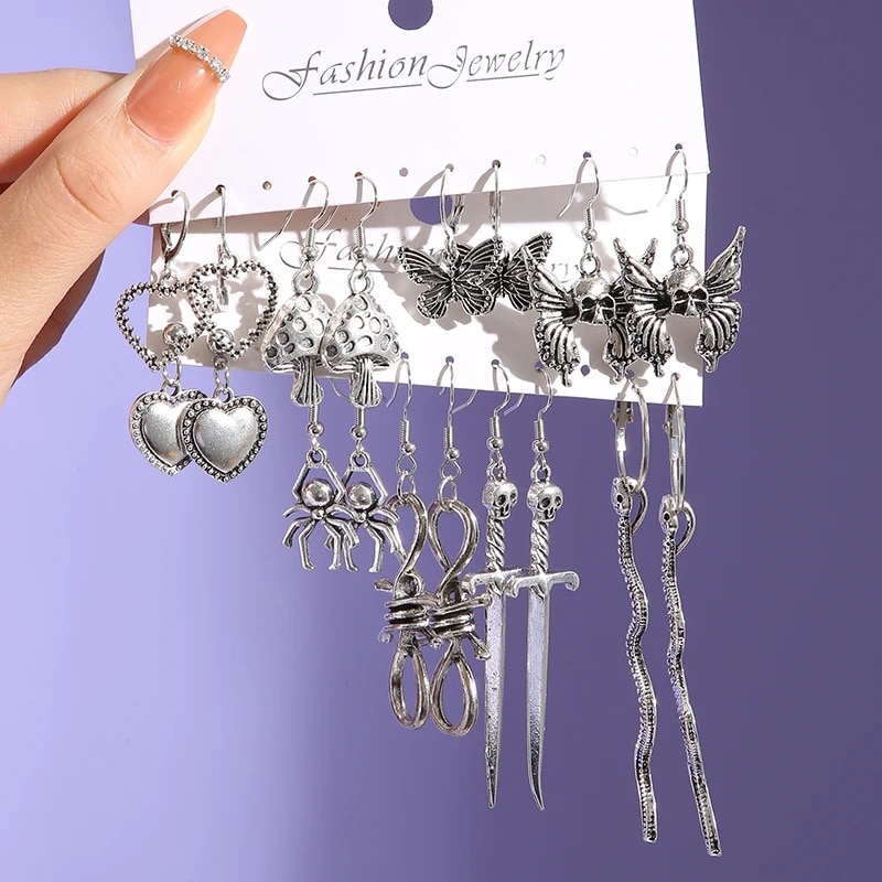 9 paires ensemble de dames boucles d'oreilles rétro Halloween populaire alliage créatif papillon pêche coeur champignon serpent araignée pendentif boucle d'oreille