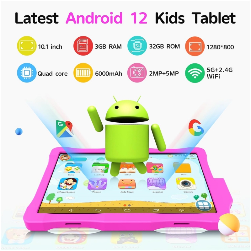 Glavey 10,1-дюймовый детский планшет Android 12, четырехъядерный процессор, 3 ГБ ОЗУ, 32 ГБ ПЗУ, Wi-Fi, 6000 мАч, аккумулятор, двойная камера, подарочная подставка, силиконовый чехол