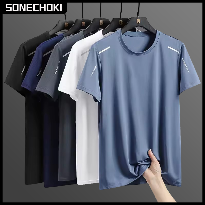 Camisetas para correr de seda de hielo para hombre, Top holgado de manga corta con estampado, ropa deportiva para gimnasio y baloncesto, camiseta de secado rápido para entrenamiento físico