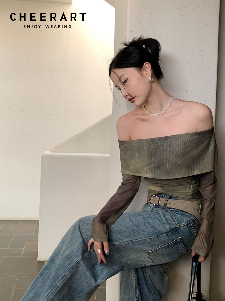 CHEERART-Top Tie Dye con hombros descubiertos para mujer, camiseta de malla de manga larga, camisetas de moda de diseñador, ropa de verano 2023
