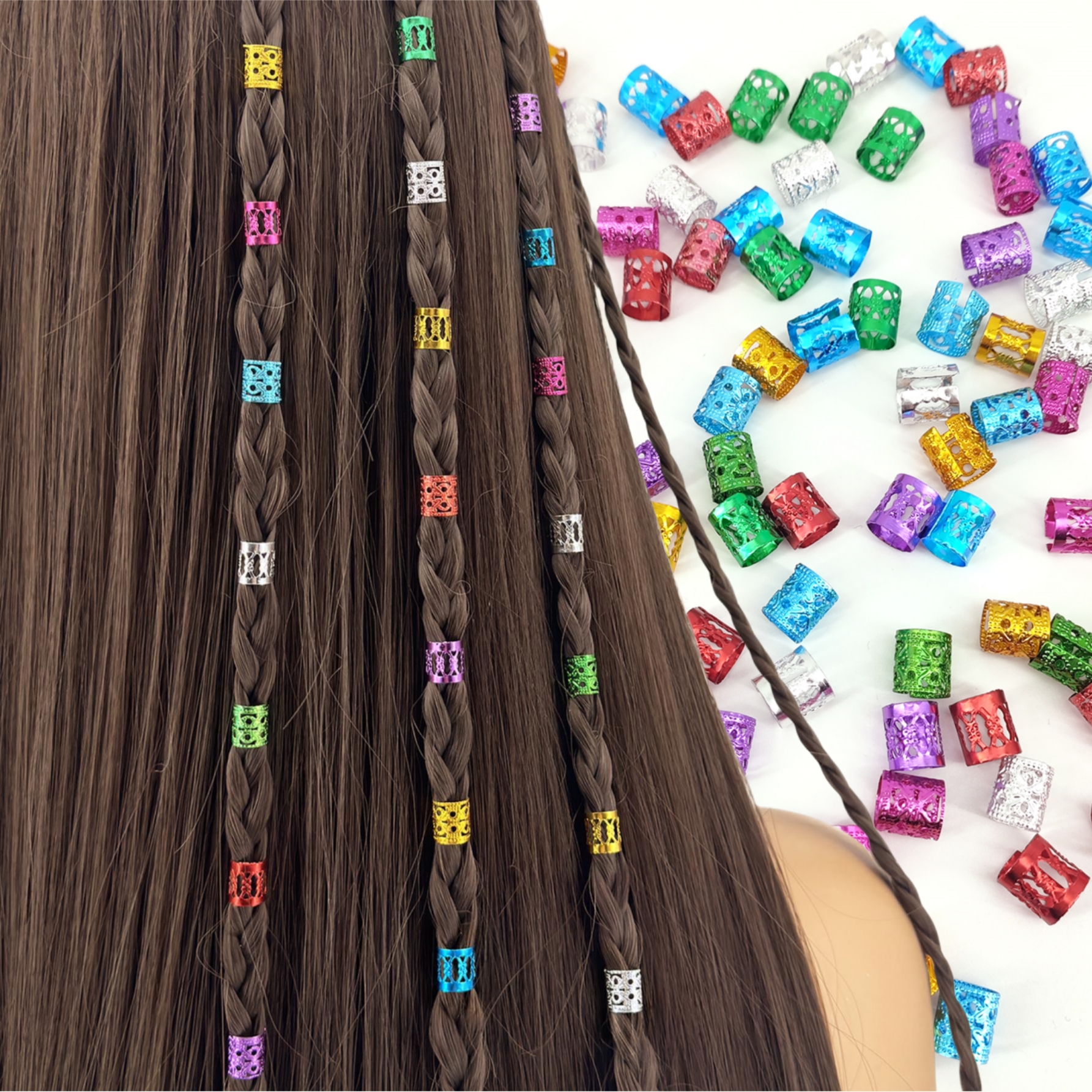100 Stück mehrfarbige Ringe, Dreadlocks-Perlen für Frauen und Mädchen, geflochtene Haardekoration, bunter Aluminiumring, verstellbare Metallmanschette