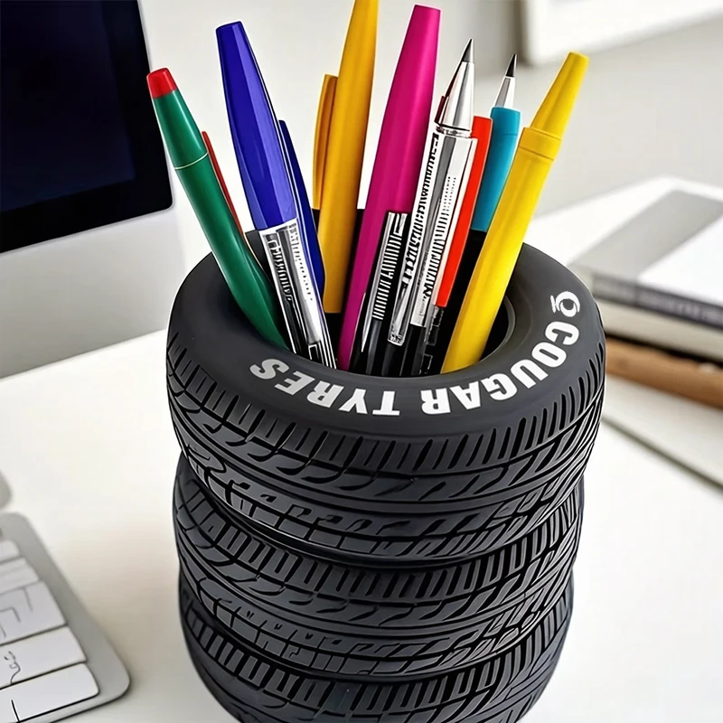 1pcs Fun Tire-Shaped Pen Holder -PVC Desk Organizer, Ideal for School and Office Supplies, Painted Finish, Office Supplies