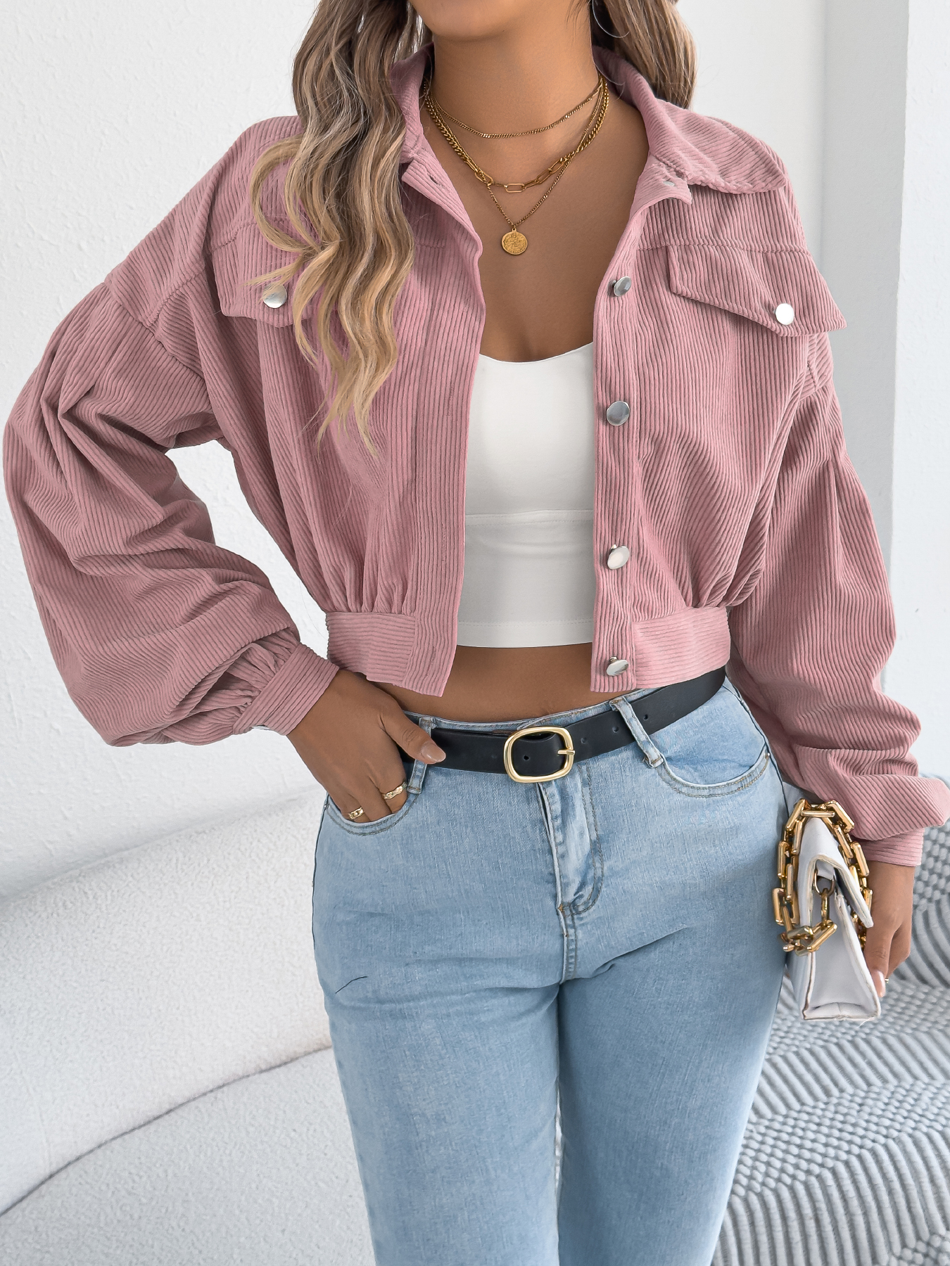 Damen-Cord-Cropped-Jacke mit Einzelknopfleiste für Herbst 2026 – Lässiger, einfarbiger Mantel mit Umlegekragen und Laternenärmeln