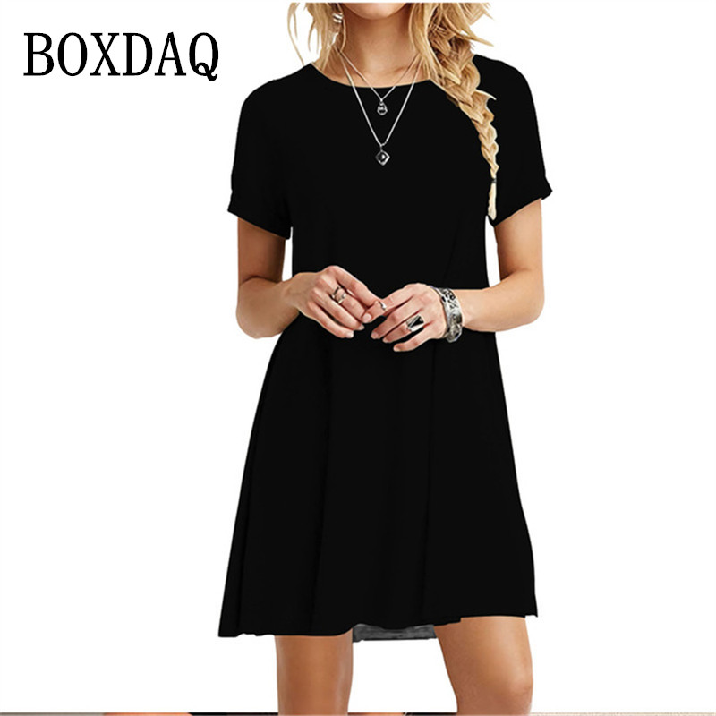 Casual Frauen Kleid Sommer Kurzarm O Neck T Shirt Kleid Einfache Schwarz Rot EINE Linie Mini Kleid Vintage Solide lose Kleid Robe
