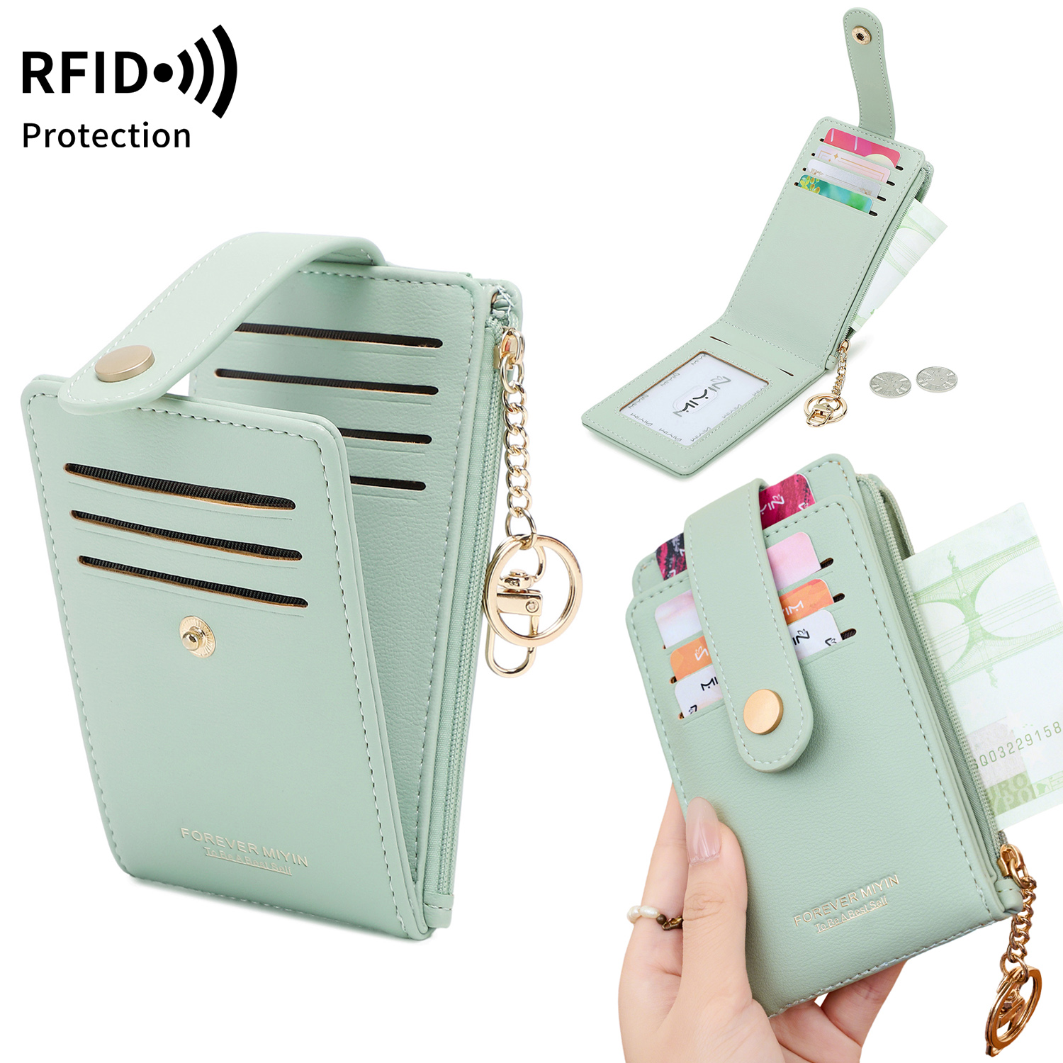 Mintgroene damesportemonnee met RFID-blokkerende kaartsleuven en sleutelhanger Ritsportemonnee Anti-diefstal draagbare mini-muntgeldhouder
