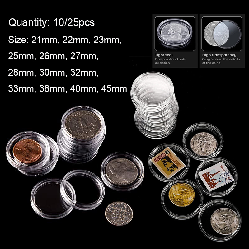 10/25 sztuk 21/22/23/25/26/27/28/30/32/33/38/40/45mm okrągły pierścień do przechowywania plastikowe pudełka przezroczysty uchwyt na monety kapsułki etui