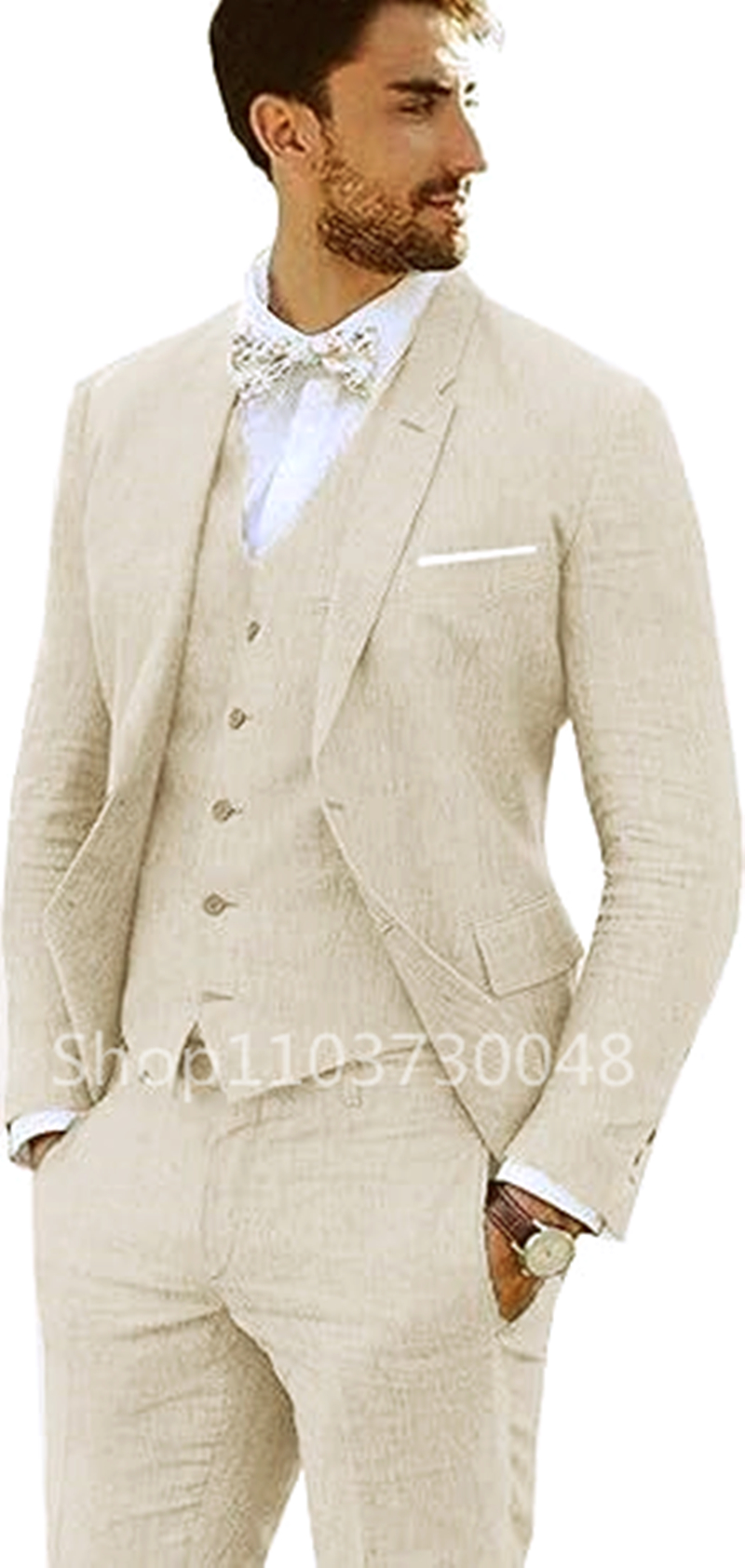 Costume 3 Pièces en Lin Beige/Bleu pour Homme, Blazer Décontracté à Simple Boutonnage, Slim Fit, GlaPants, Revers Cranté, Zones Me Sets, Haute Qualité