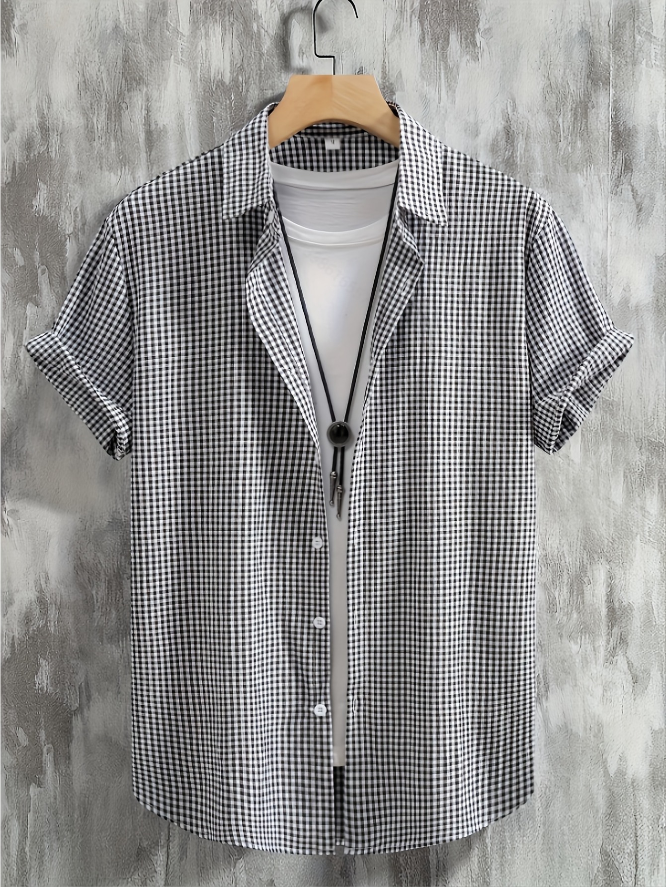 Herenshirt in Japanse stijl, zwart-wit geruit, 3D-geprint, korte mouwen, geschikt voor dagelijks casual strandkleding in de zomer.