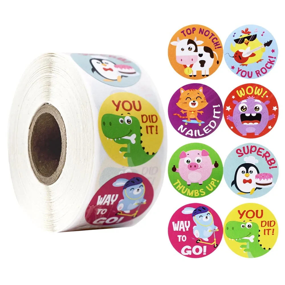 Cartoon Animals Stickers  Cute Words Reward Stickers for Teacher Encourage Student 1'' 50-500pcsl Round Reward Sticker for Kid