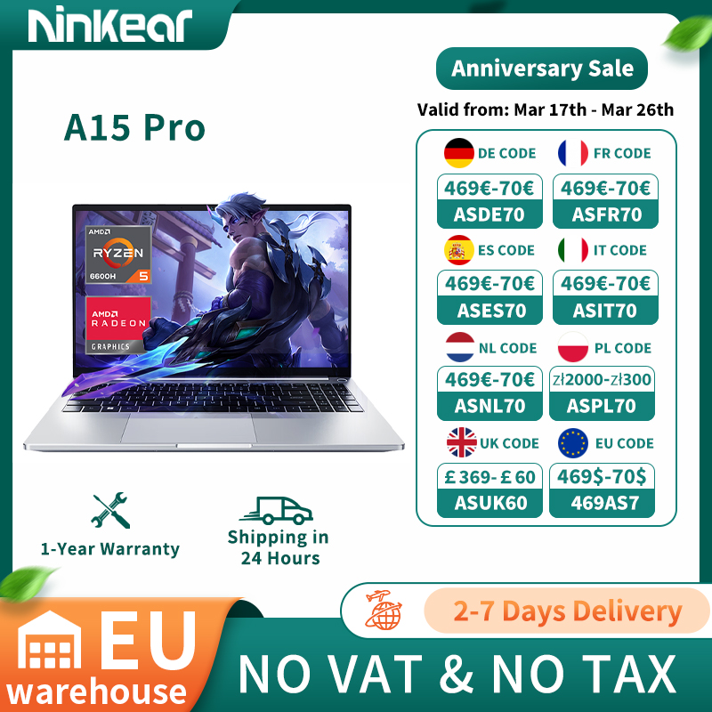 Ninkear A15 PRO Laptop AMD Ryzen™ 5 6600H up to 4.5 GHz 15.6' FHD IPS 32GB DDR5 1TB SSD WIFI6 backlit keyboard Computer