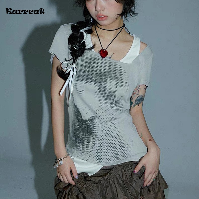 Karrcat Grunge Nep Tweedelig T-Shirt Vintage Patchwork T-Shirt Met Korte Mouwen Y 2K Esthetiek Onregelmatige Tops 2000S Harajuku T-Shirts