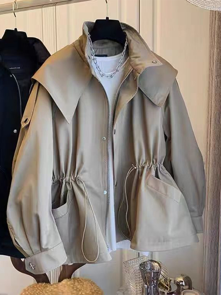 Jesienny trencz damskie kurtki z kapturem w stylu Vintage damskie eleganckie modne sznurki trencz damskie luźne krótka bluza na zamek błyskawiczny