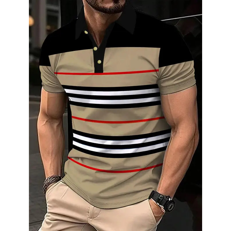 Men's summer polo shirt with 3d stripes, high-quality printed business men's clothing, casual short-sleeved loose shirt, large T